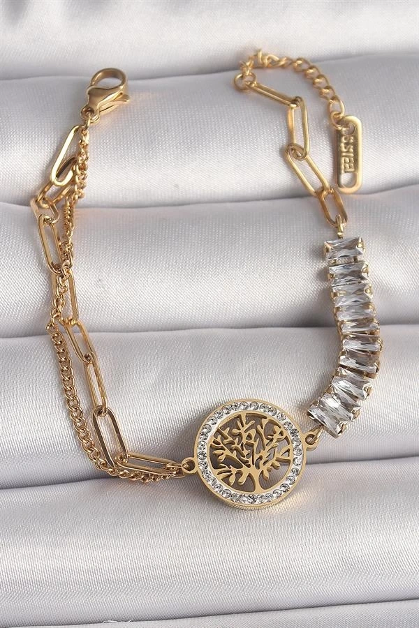 316L Çelik Gold Renk 2Li Zincir Su Yolu Zirkon Taşlı Yaşam Ağacı Figür Kadın Bileklik
