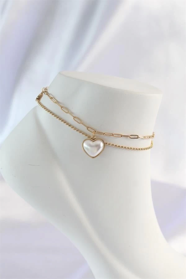 316L Çelik Gold Renk Beyaz Kalpli 2li Halhal