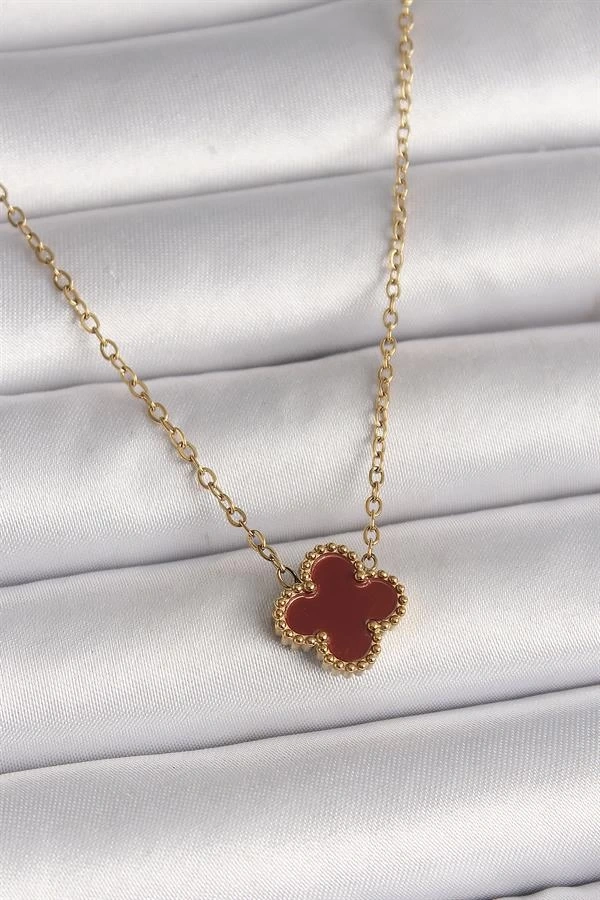 316L Çelik Gold Renk Bordo Yonca Model Kadın Kolye