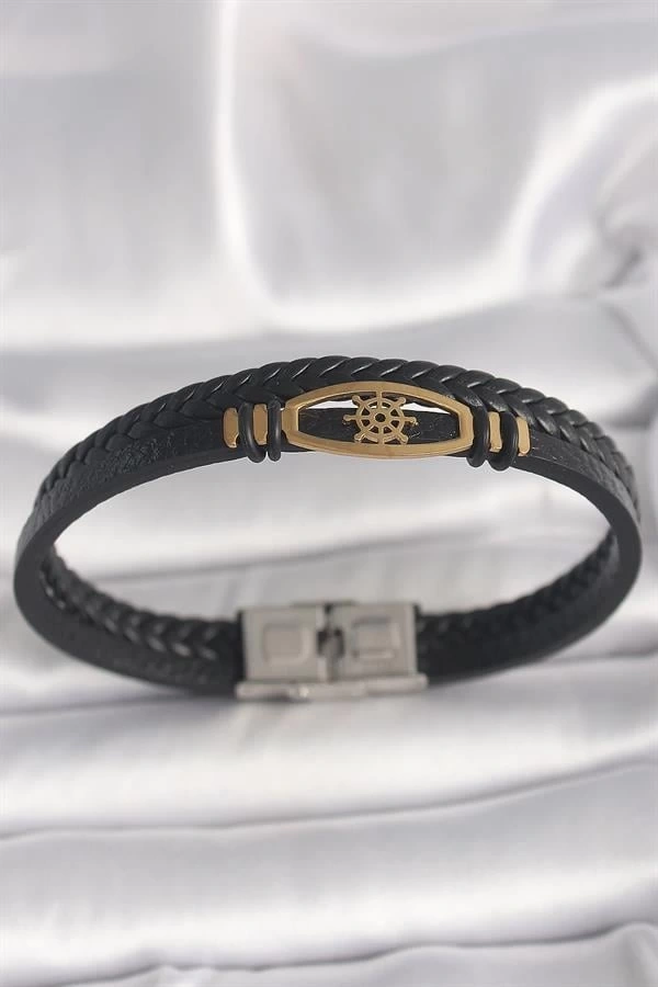 316L Çelik Gold Renk Gemi Dümen Figür Siyah Renk Çift Sıra Burgu Desenli Deri Kordon Erkek Bileklik