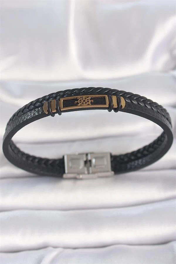 316L Çelik Gold Renk Gemi Dümeni Aksesuarlı Çift Sıra Burgu Desenli Deri Kordon Erkek Bileklik