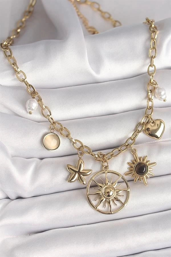 316L Çelik Gold Renk Güneş Model Siyah Mineli Güneş Detay Kadın Kolye