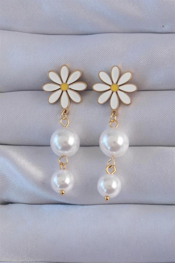 316L Çelik Gold Renk İnci Taşlı Papatya Model Sallantılı Küpe