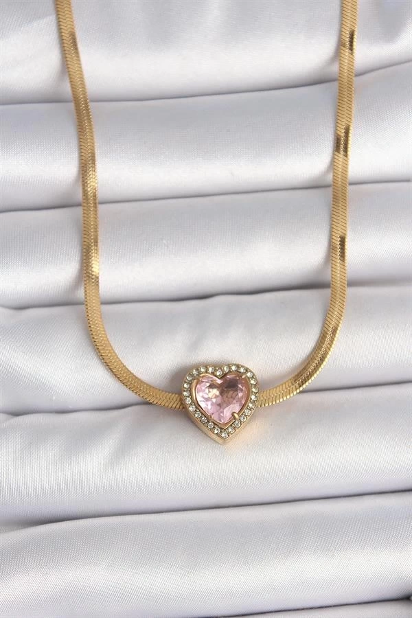 316L Çelik Gold Renk İtalyan Zincir Pembe Zirkon Taşlı Kalp Model Kadın Kolye