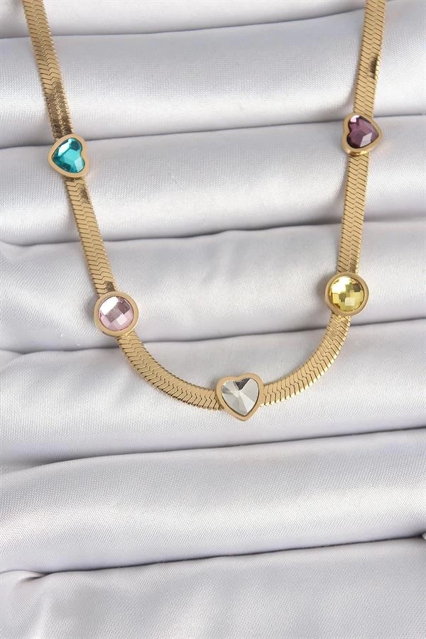 316L Çelik Gold Renk İtalyan Zincir Renkli Zirkon Taşlı Kalp Figür Kadın Kolye