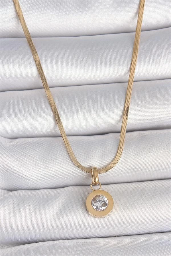 316L Çelik Gold Renk İtalyan Zincir Sallantı Zirkon Taş Model Kadın Kolye