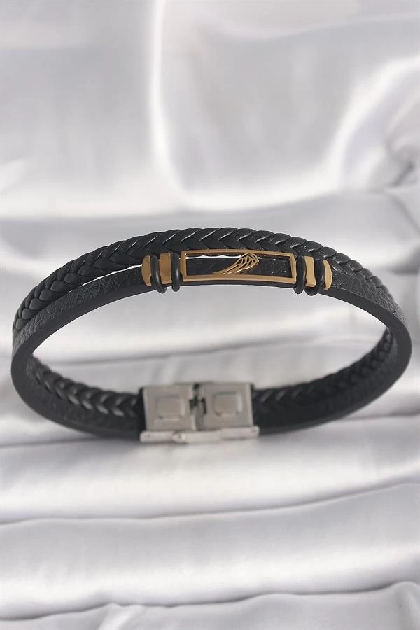 316L Çelik Gold Renk Kanat Aksesuarlı Siyah Burgu Model Deri Kordon Erkek Bileklik