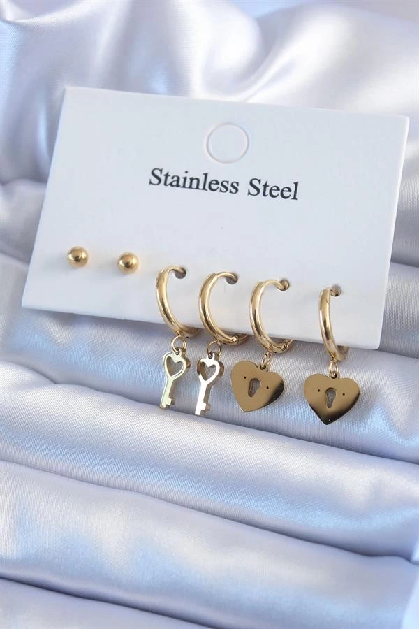 316L Çelik Gold Renk Kilit Kalp Model Kalp Anahtar Detay Kadın Küpe Seti