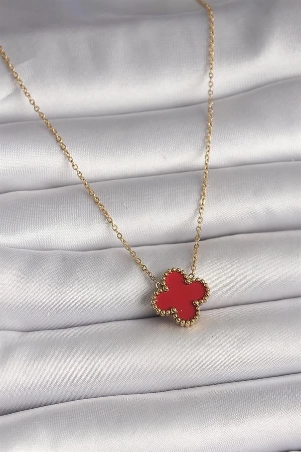316L Çelik Gold Renk Kırmızı Yonca Model Kadın Kolye