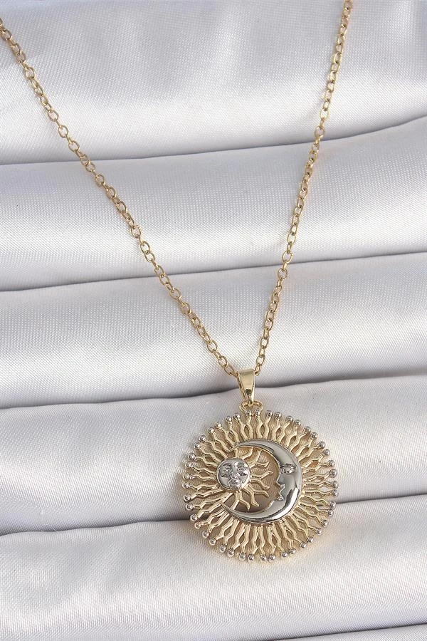 316L Çelik Gold Renk Mix Renk Ay Güneş Model Kadın Kolye