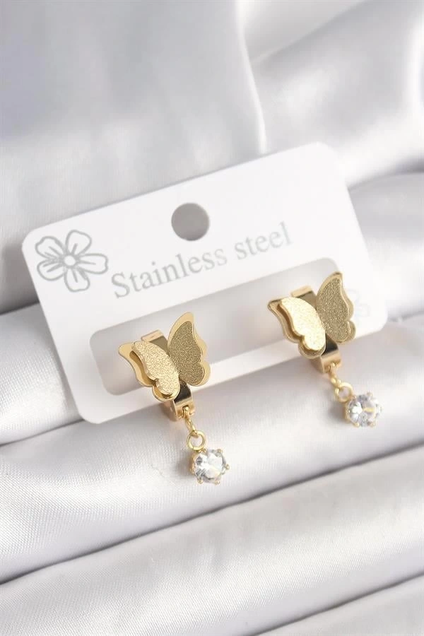 316L Çelik Gold Renk Sallantı Zirkon Taş Detaylı Simli Kelebek Model Kadın Küpe