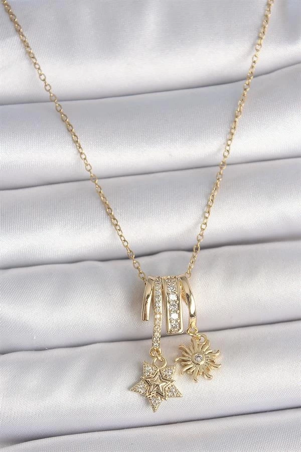 316L Çelik Gold Renk Sallantı Zirkon Taşlı Yıldız Güneş Figür Charm Kadın Kolye