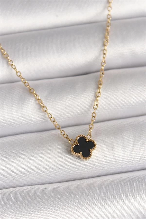 316L Çelik Gold Renk Siyah Yonca Model Kadın Kolye