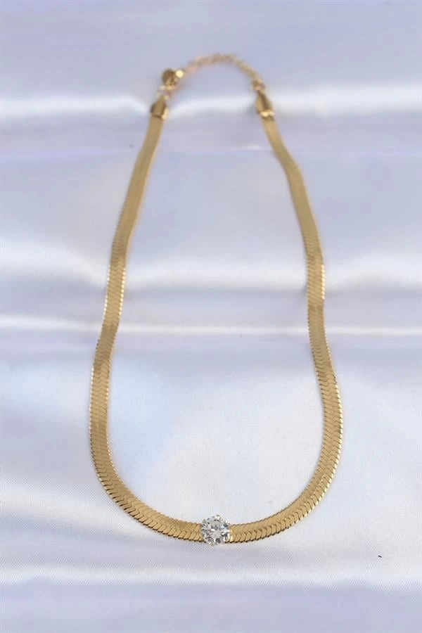 316L Çelik Gold Renk Tek Zirkon Taşlı İtalyan Zincir Kolye