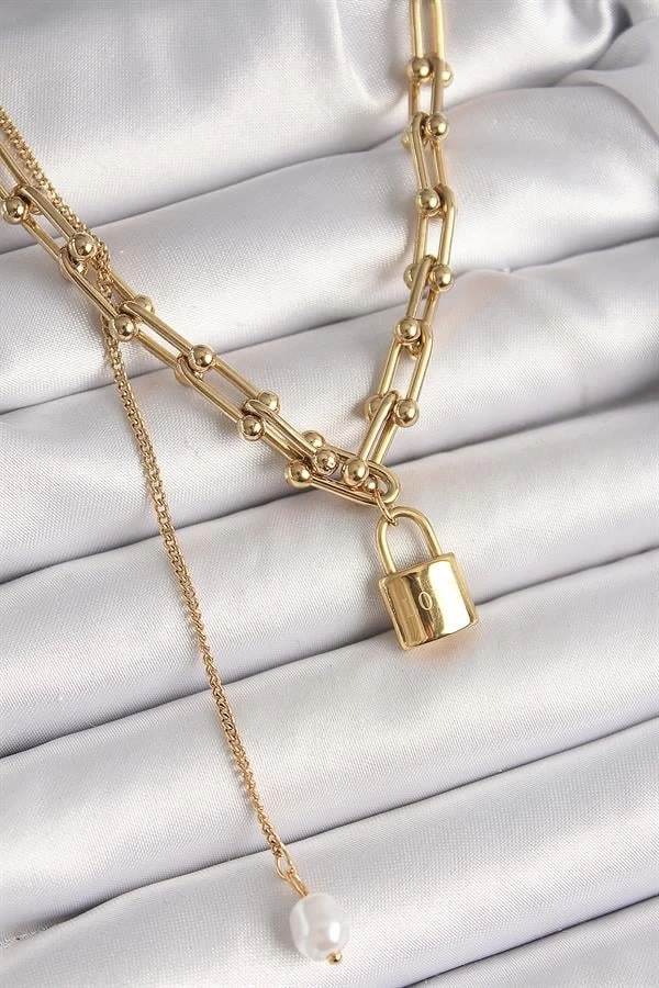 316L Çelik Gold Renk Tifany Zincir Model Kilit Figür Sallantı İnci Detay Kadın Kolye