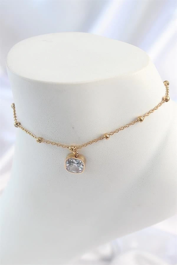 316L Çelik Gold Renk Topçuk Zincir Model Sallantı Kare Zirkon Taş Model Kadın Halhal