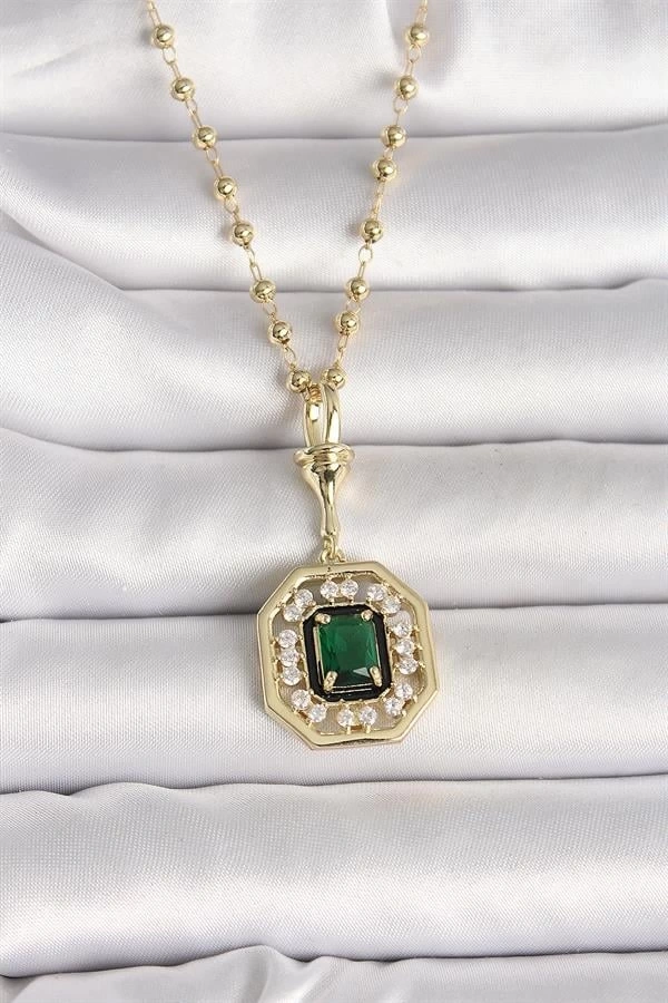 316L Çelik Gold Renk Topçuk Zincir Yeşil Taşlı Seranay Model Kadın Kolye