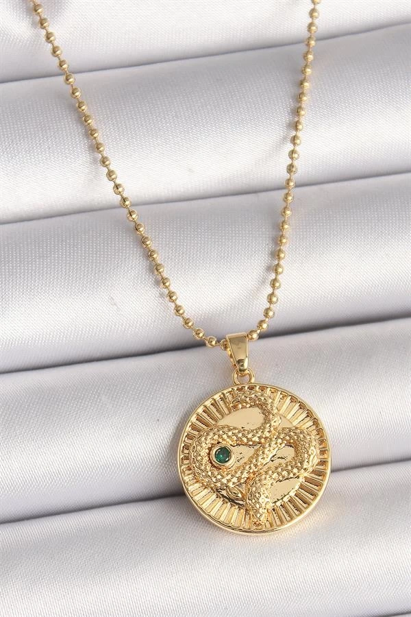 316L Çelik Gold Renk Topçuk Zincir Yılan İşlemeli Zirkon Taş Detaylı Madalyon Model Kadın Kolye