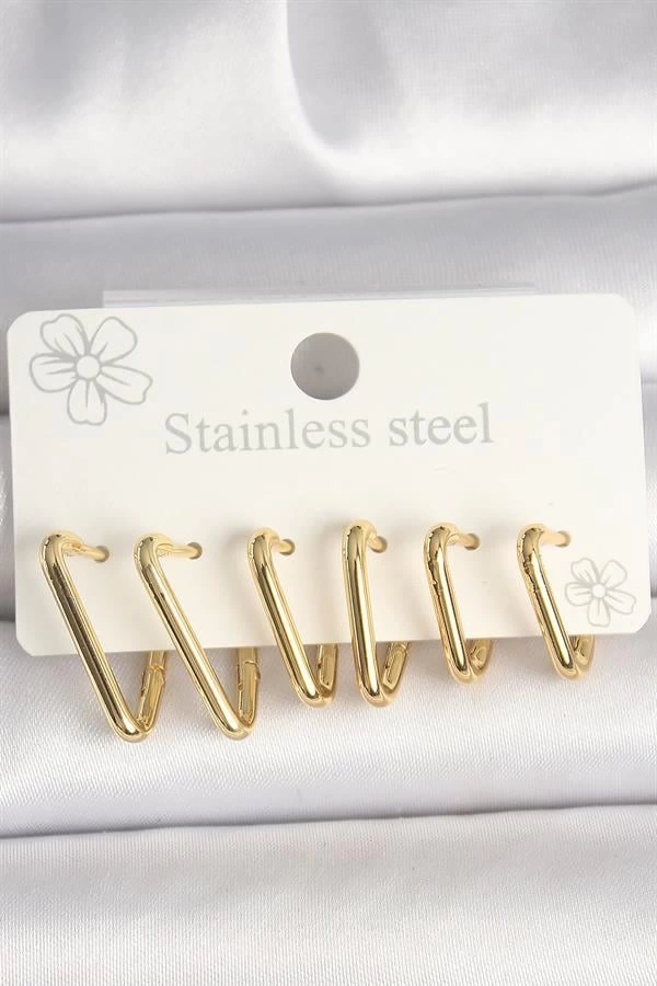 316L Çelik Gold Renk Üçgen Model Kadın Küpe Seti