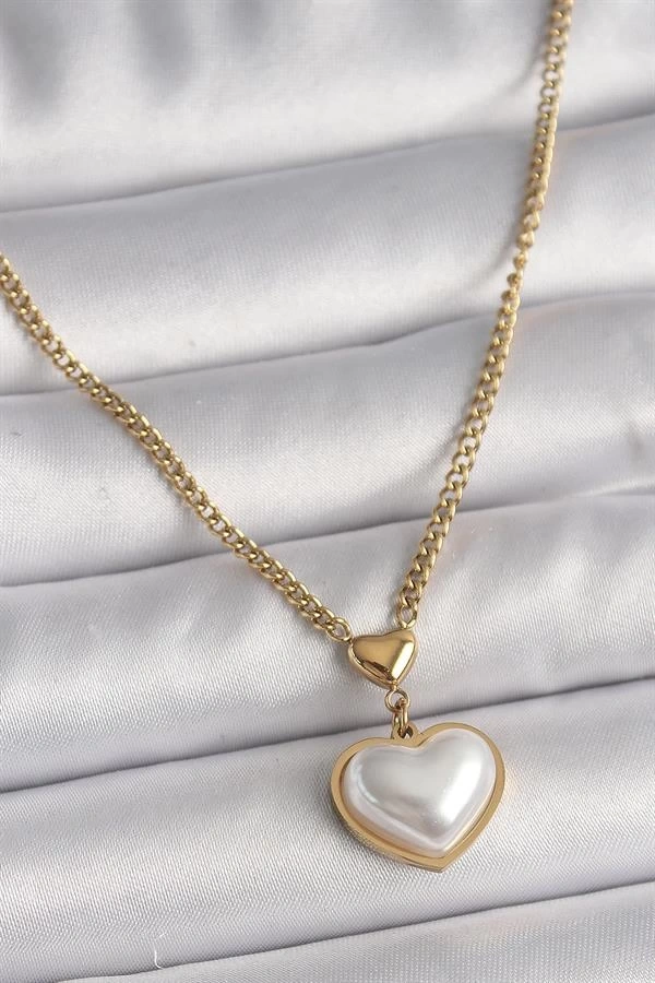 316L Çelik Gold Renk Zincir 3D İnci Kalp Model Kadın Kolye