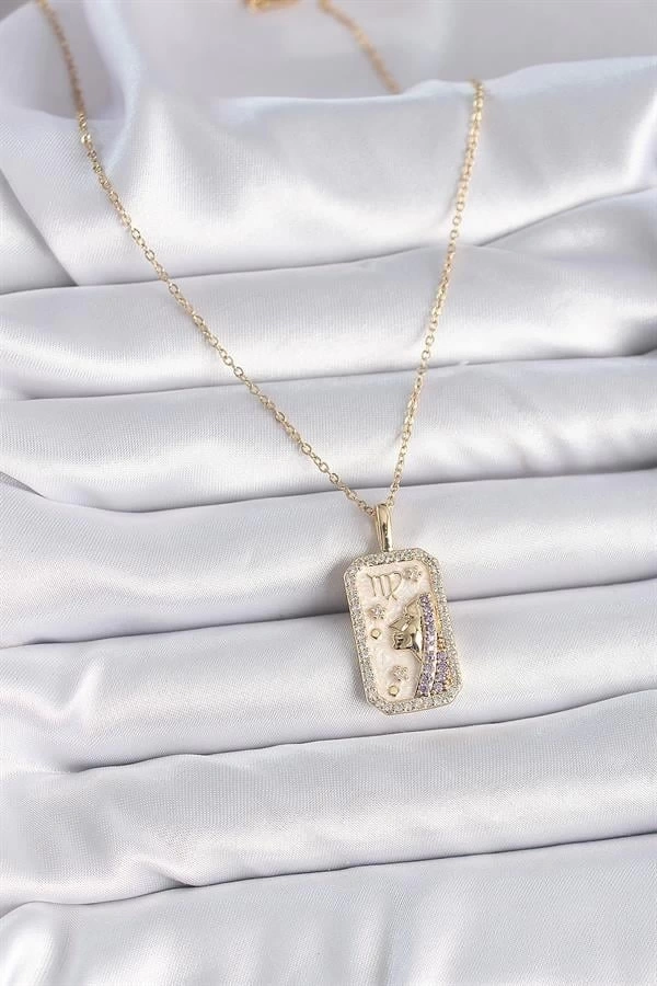 316L Çelik Gold Renk Zincir Başak Burcu Zirkon Taşlı Kadın Kolye