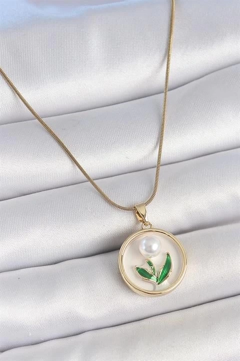 316L Çelik Gold Renk Zincir Beyaz Mineli İncili Çiçek İşlemeli Portre Model Kadın Kolye