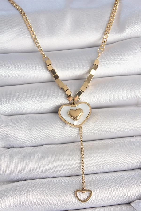 316L Çelik Gold Renk Zincir Beyaz Mineli Kalp Figür Sallantı Detay Kadın Kolye