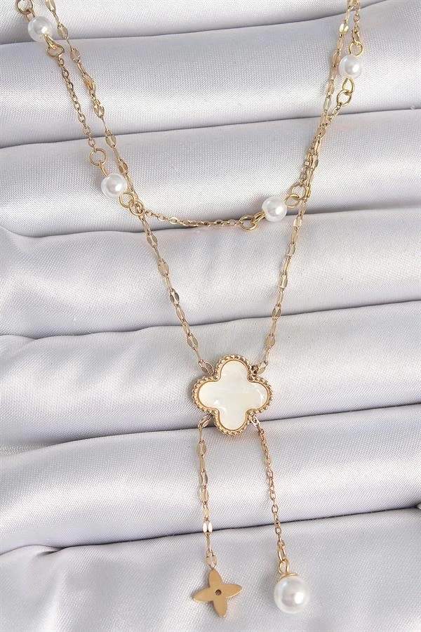 316L Çelik Gold Renk Zincir Beyaz Yonca Figür Sallantı Çiçek İnci Detay Kadın Kolye