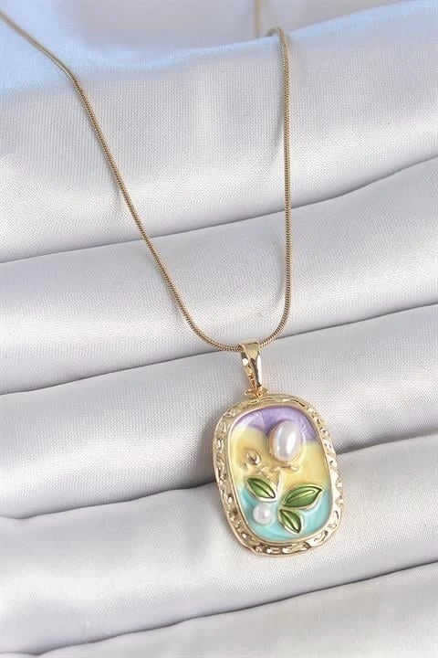 316L Çelik Gold Renk Zincir İncili Çiçek İşlemeli Portre Model Kadın Kolye