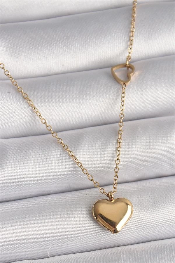 316L Çelik Gold Renk Zincir Kalp Detay Kalp Figür Kadın Kolye