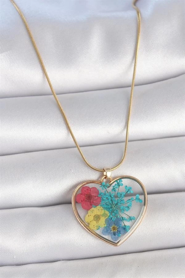 316L Çelik Gold Renk Zincir Kalp Epoksi Renkli Çiçek Model Kadın Kolye