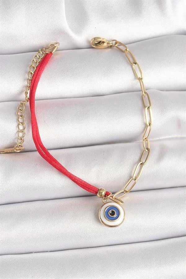 316L Çelik Gold Renk Zincir Kırmızı İp Model Sallantı Nazar Boncuk Figür Kadın Bileklik