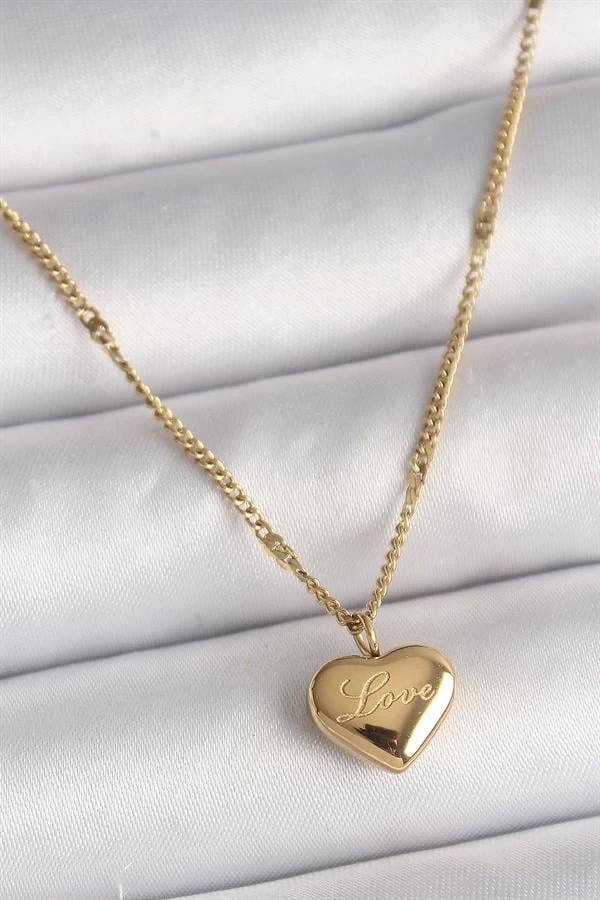 316L Çelik Gold Renk Zincir Love İşlemeli Kalp Figür Kadın Kolye