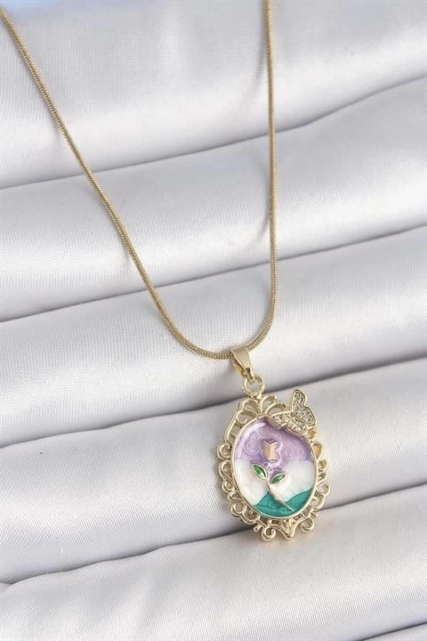 316L Çelik Gold Renk Zincir Mix Renk Mineli Çiçek İşlemeli Zirkon Taş Detaylı Portre Model Kadın Kolye