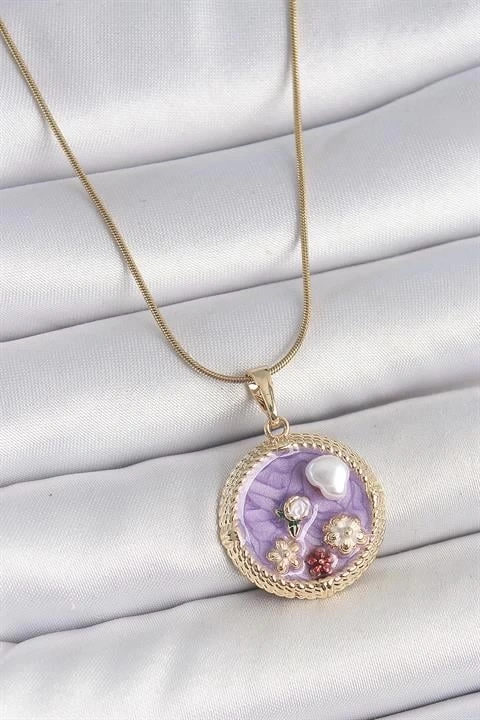 316L Çelik Gold Renk Zincir Mor Mineli İncili Çiçek İşlemeli Madalyon Model Kadın Kolye