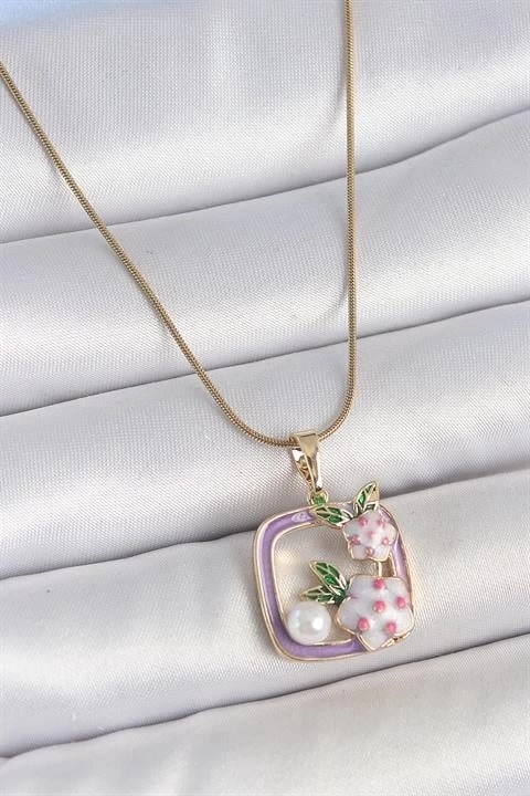 316L Çelik Gold Renk Zincir Mor Mineli Kare Model Çiçek İşlemeli İnci Detay Kadın Kolye