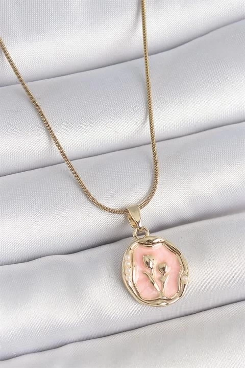 316L Çelik Gold Renk Zincir Pembe Mineli Çiçek İşlemeli Portre Model Kadın Kolye