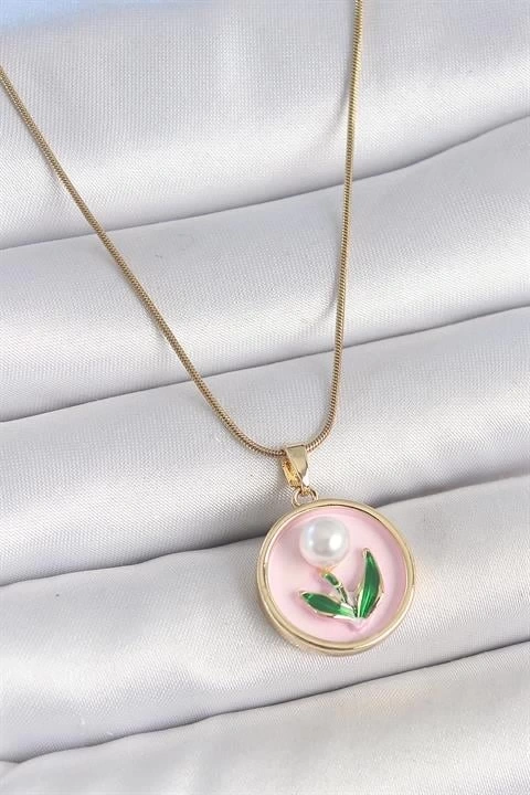 316L Çelik Gold Renk Zincir Pembe Mineli İncili Çiçek İşlemeli Portre Model Kadın Kolye