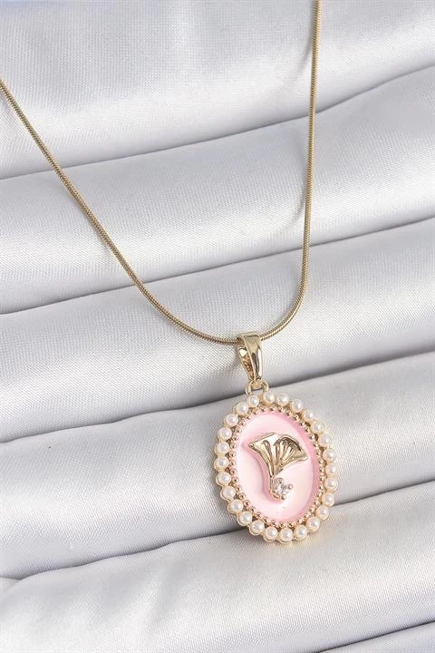316L Çelik Gold Renk Zincir Pembe Mineli İncli Zirkon Taşlı Çiçek İşlemeli Portre Model Kadın Kolye