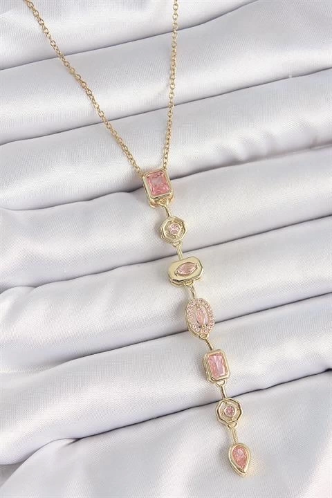 316L Çelik Gold Renk Zincir Pembe Zirkon Taşlı Y Model Dekolte Kadın Kolye