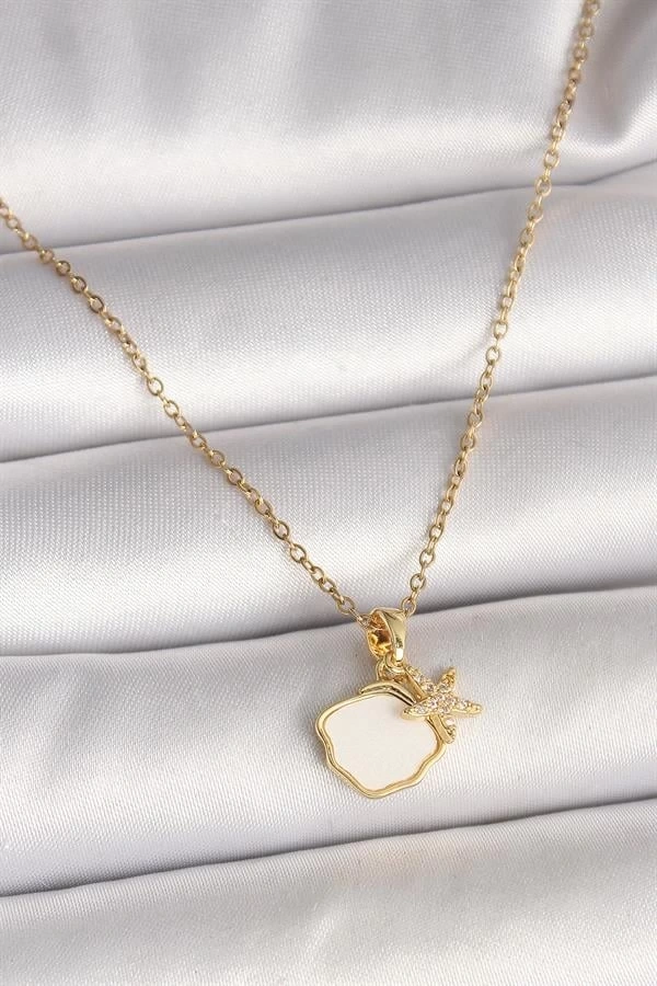 316L Çelik Gold Renk Zincir Sallantı Beyaz Mineli Deniz Kabuğu Zirkon Taşlı Deniz Yıldızı Figür Kadın Kolye