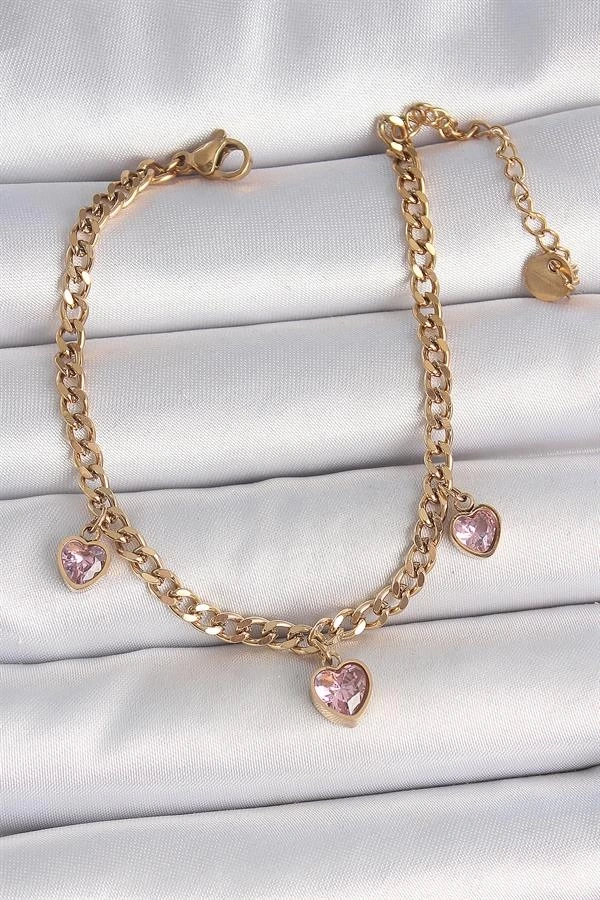316L Çelik Gold Renk Zincir Sallantı Pembe Zirkon Taşlı Kalp Model Kadın Bileklik