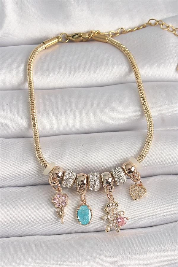 Pirinç Gold Renk Zincir Sallantı Zirkon Taşlı Ayıcık Figür Çiçek Detay Kadın Bileklik