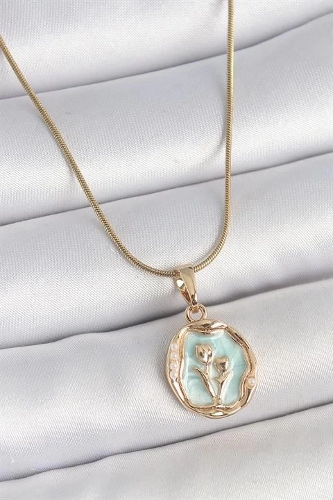 316L Çelik Gold Renk Zincir Turkuaz Mineli Çiçek İşlemeli Portre Model Kadın Kolye