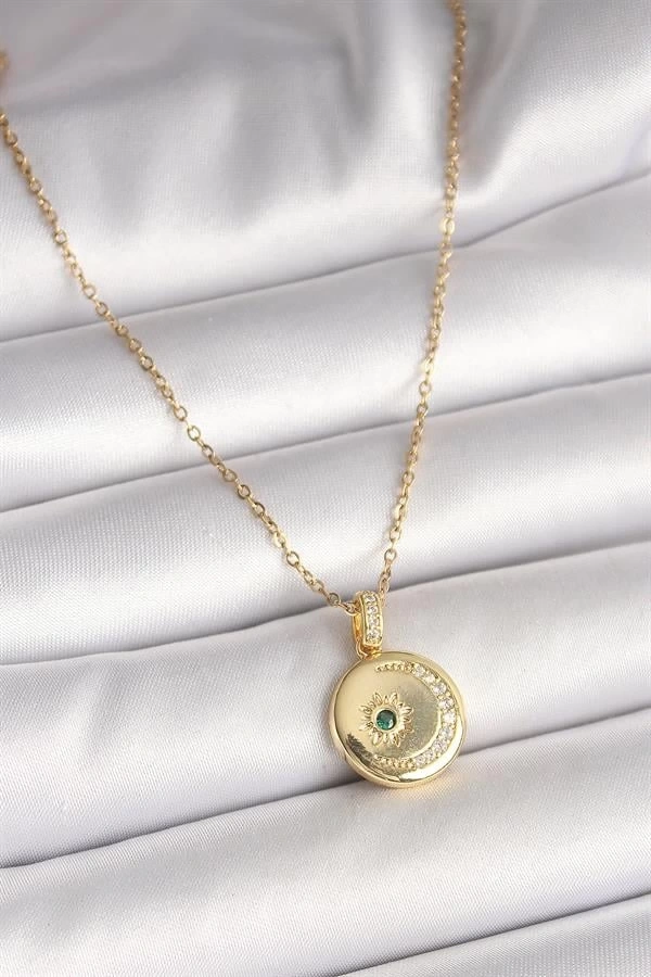 316L Çelik Gold Renk Zincir Zirkon Taş İşlemeli Hilal Yıldız İşlemeli Madalyon Model Kadın Kolye