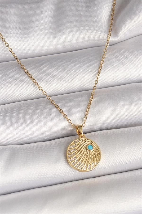 316L Çelik Gold Renk Zincir Zirkon Taş İşlemeli Mavi Taş Detaylı Madalyon Model Kadın Kolye