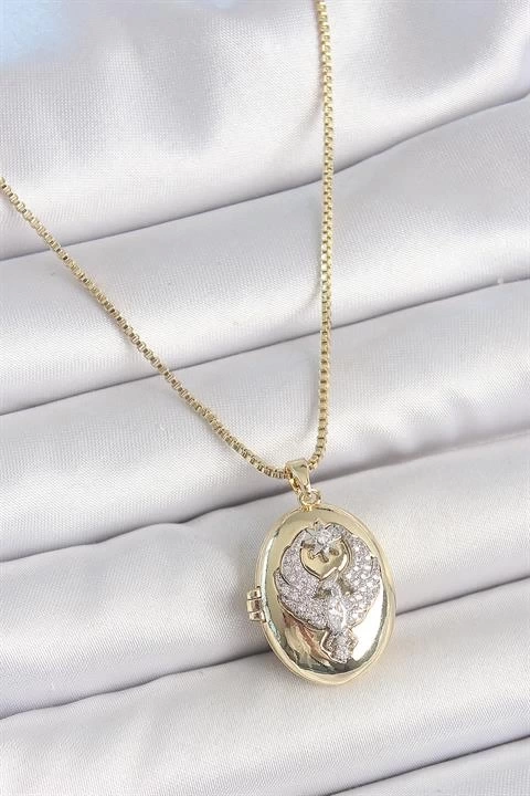316L Çelik Gold Renk Zincir Zirkon Taşlı Anka Kuşu İşlemeli Açılır Model Kadın Kolye