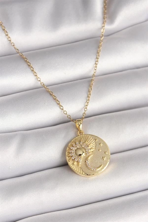 316L Çelik Gold Renk Zincir Zirkon Taşlı Ay Güneş İşlemeli Madalyon Model Kadın Kolye
