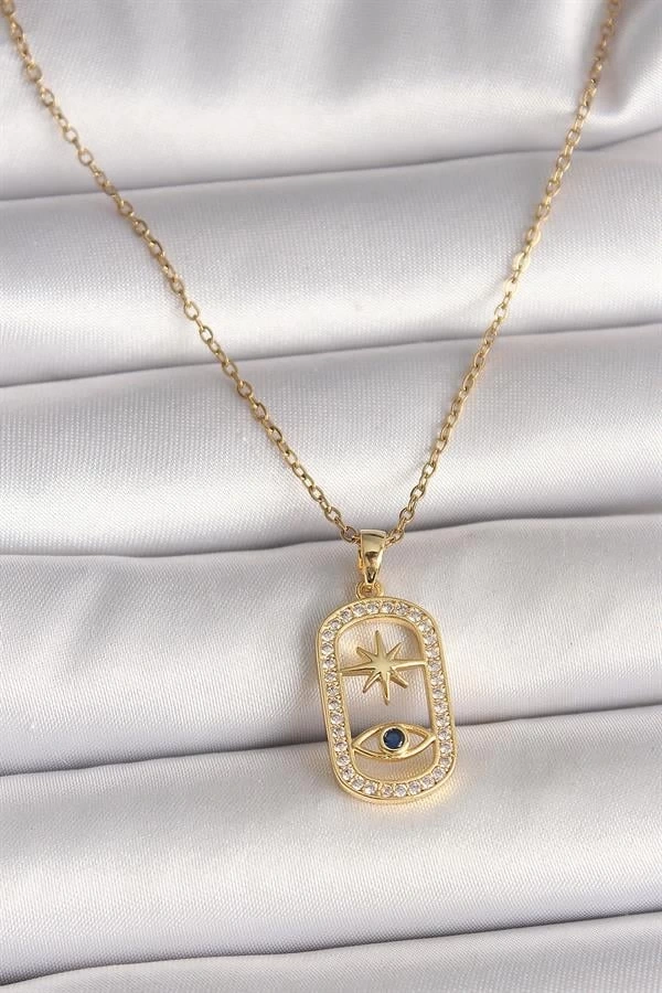 316L Çelik Gold Renk Zincir Zirkon Taşlı Göz Yıldız Model Kadın Kolye