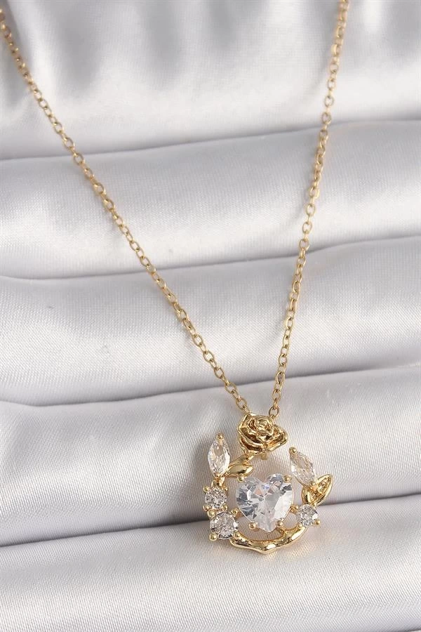 316L Çelik Gold Renk Zincir Zirkon Taşlı Kalp Model Gül Detay Kadın Kolye